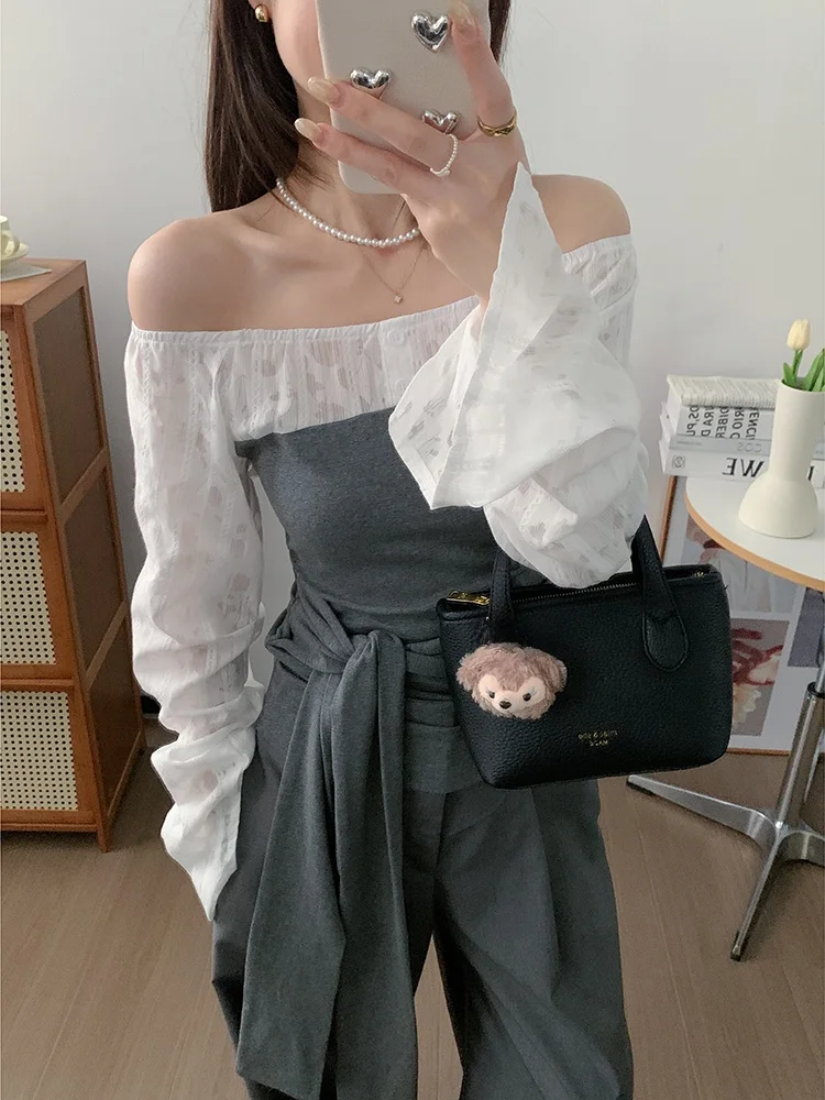 

White And ey Spliced One oulder Top UVPU Ladies Faion Spring 2025 Lace irt Chiffon Material Unique Design