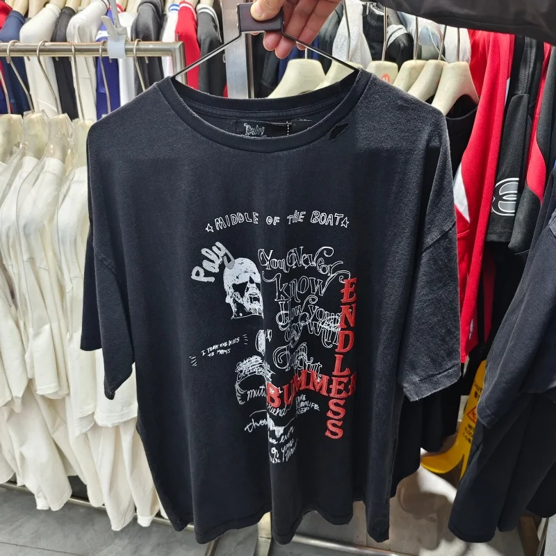 Black Oversized Men's T Shirt PALY Graffiti Print Washed Distressed Ripped Streetwear