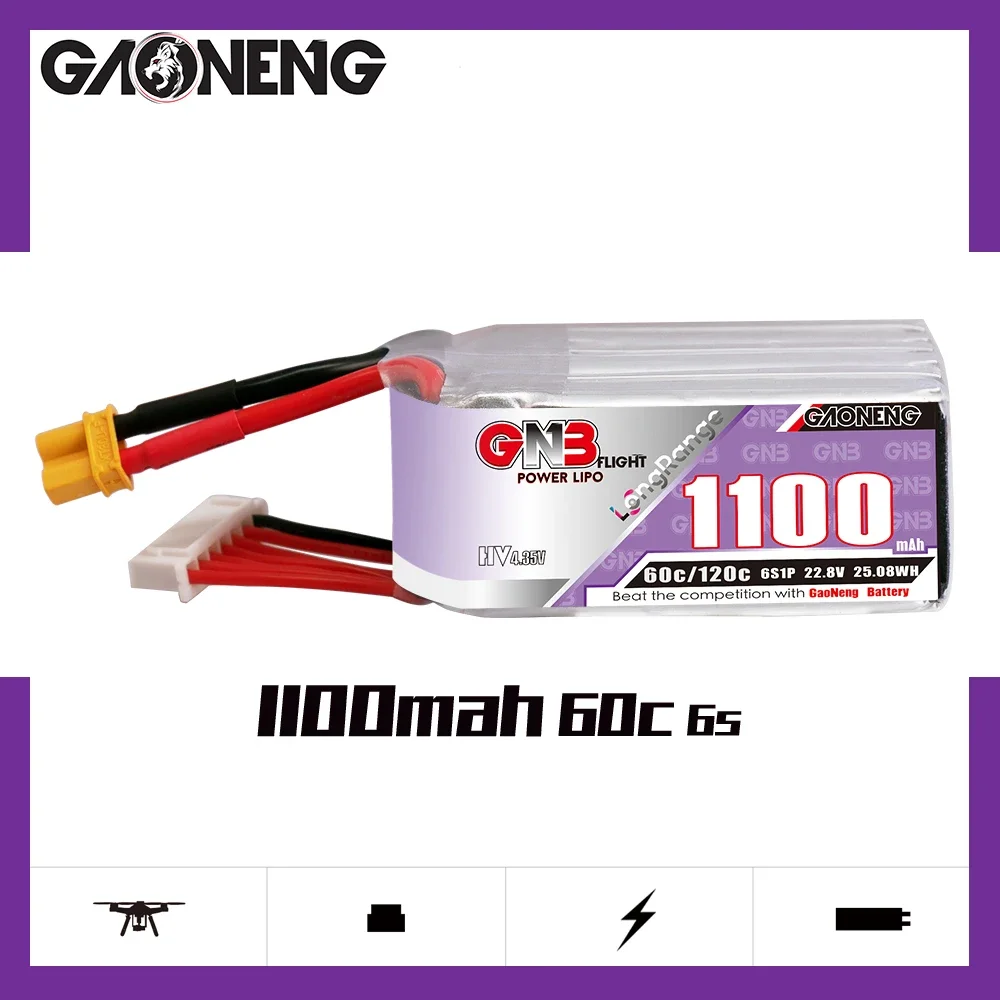 High Energy GNB 1100mAh 22.8V 6S 60C HV Lipo Battery XT30 XT60 Plug for FPV Racing Drone Long Battery Life