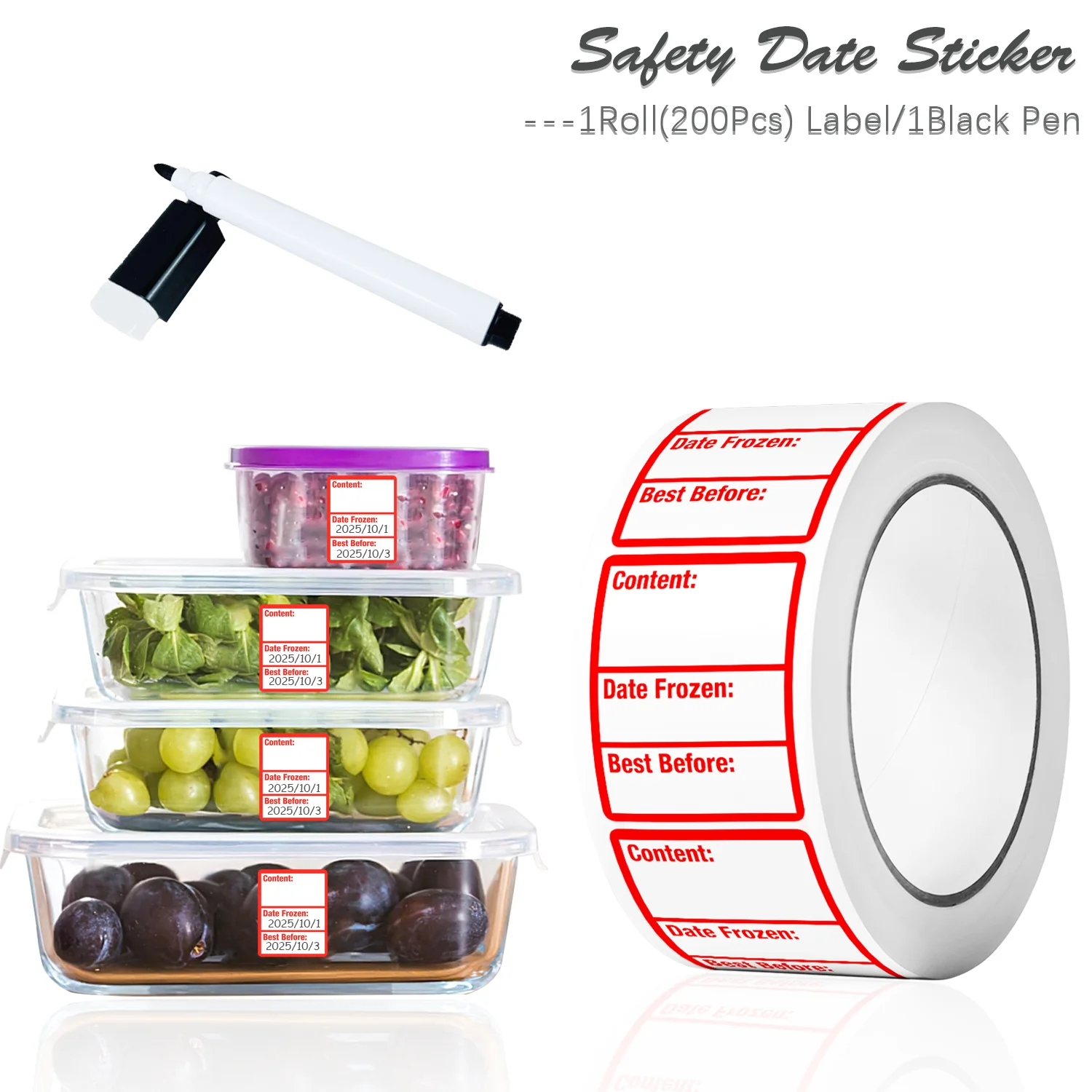 1 لفة (200 قطعة) ملصق مجمد/أفضل قبل التاريخ مع قلم أسود قابل للمسح 0.98*1.57 بوصة لتاريخ الأمان وفريزر ملصقات طعام المطبخ