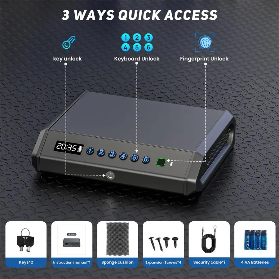 ピストル用ガンセーフ、指紋認証デジタルPINキー付きハンドガンセーフ、家庭用寝室ベッドサイドナイトスタンド用ガンロックボックス収納