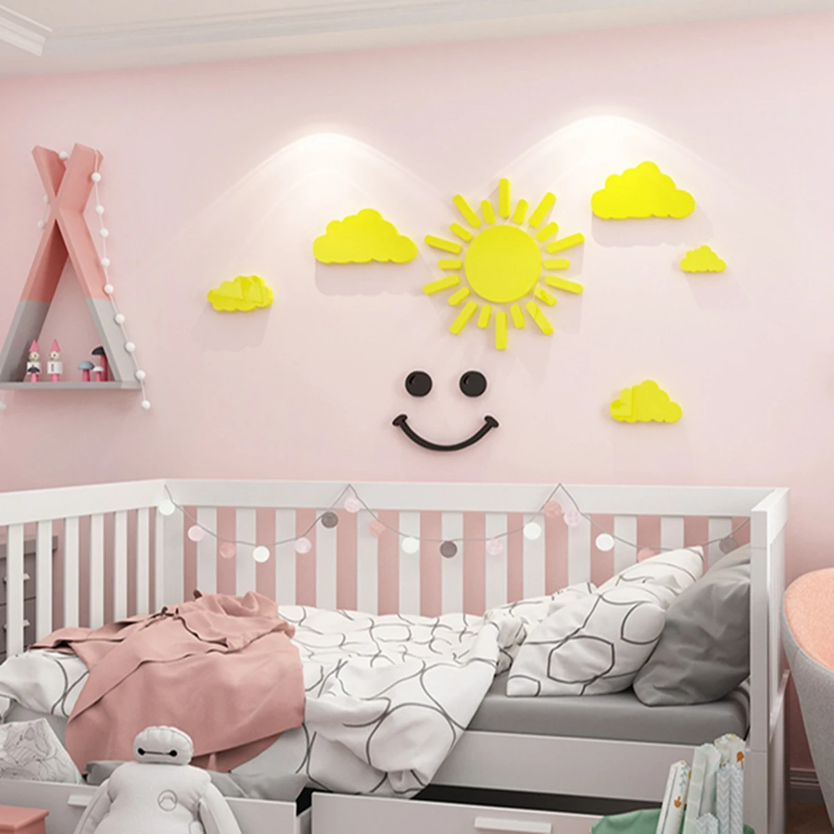 Cute Cloud Sun Acrylic Wall Stickers Self-adhesive PVC Wall Decals Living Room Children's Room Bedhead Background Wall Decor