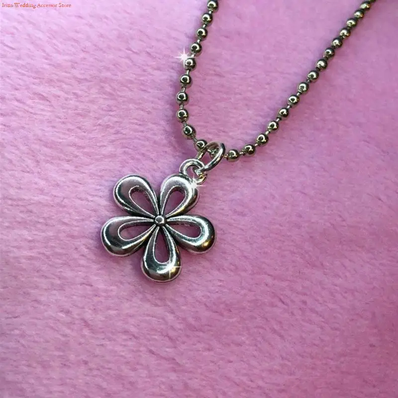 G92D Retro Round Bead Chain Big Flower Necklace Female Hip-hop Cold Wind Long Sweater Clavicle Chain Neck Chain Accessories