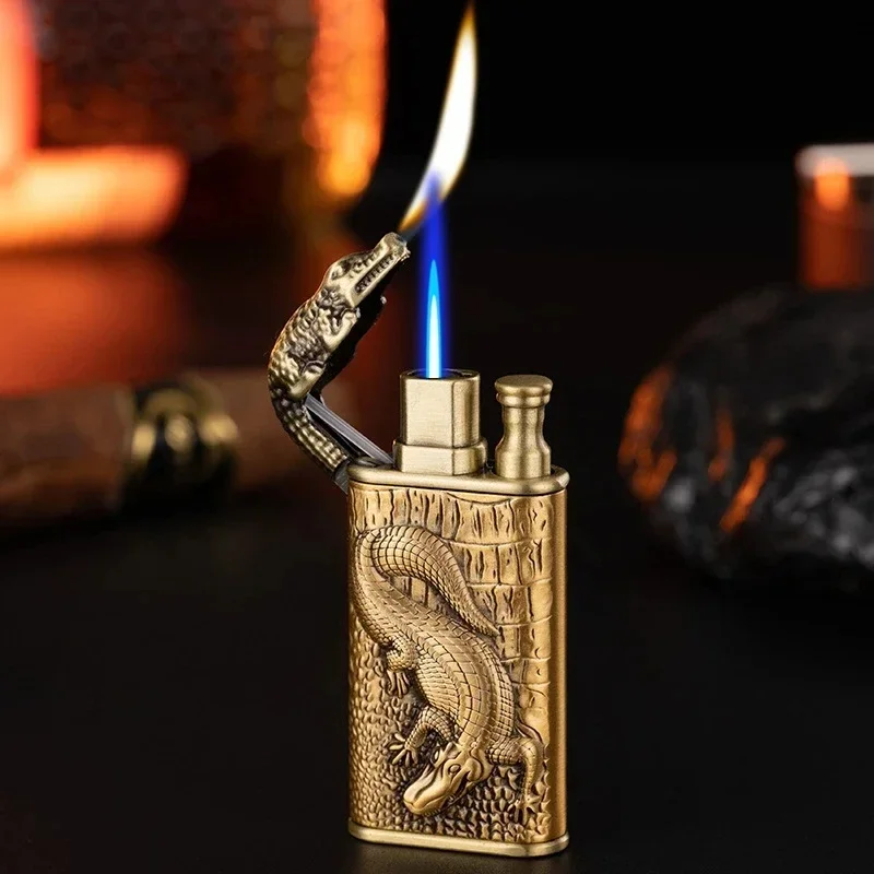 Hot 3D Relief Double Fire Lighter Jet Flame Open Flame Windproof Butane Gas Crocodile Lighter Men\'s Gift Smoking Cigarette Tools