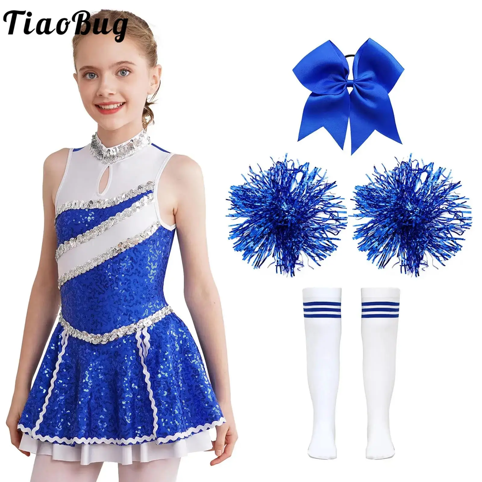 

Kids Girls Cheerleader Costume Outfit Shiny Sequins Cheerleading Leotard Dress with Socks Flower Balls Competition Team Uniform