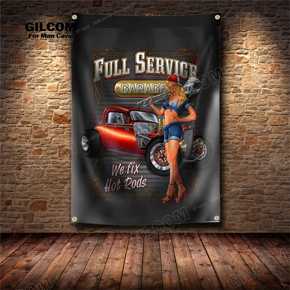 Sexy Lady Motor Works Banner Flag Motorcycle Repair Authorized Poster Wall Art Decor Advertisement  Vintage Sign Pub Club