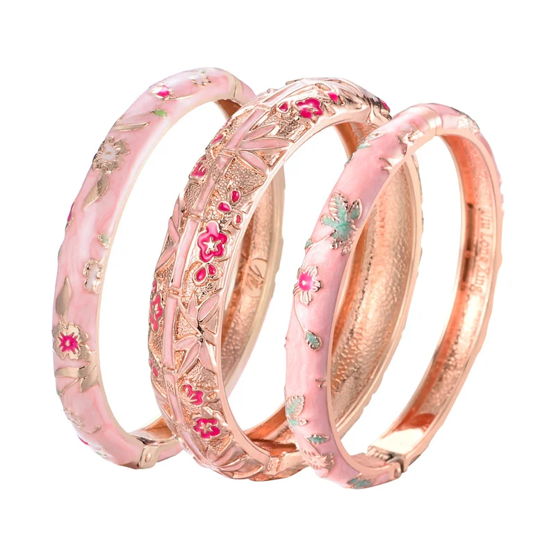 Women's Bracelets Set Bangle On Hand Hinge Enamel Cloisonne Bangles For Women Pink Vintage Birthday