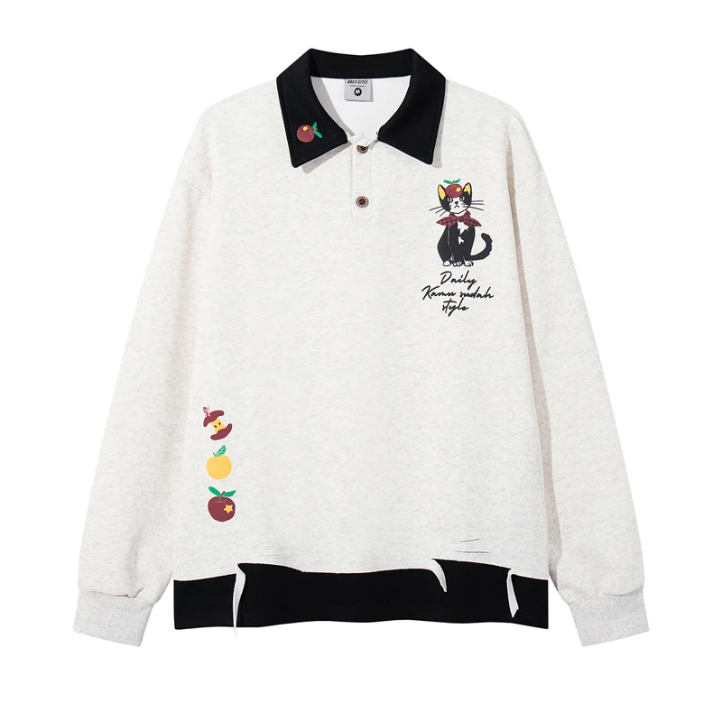 

Футболка-поло из двух предметов с вышивкой кота и фруктами, толстовки для мужчин и женщин в стиле хип-хоп, подол, поврежденные повседневные толстовки, зимние