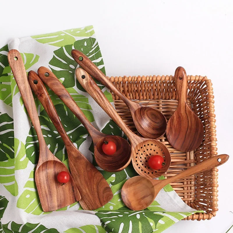 Solid Wood Lacquerless Spoon Set Durable Suit Spoons Of Food Leaky Spoon Shovel Kitchen Tableware Home Furnishings Combination