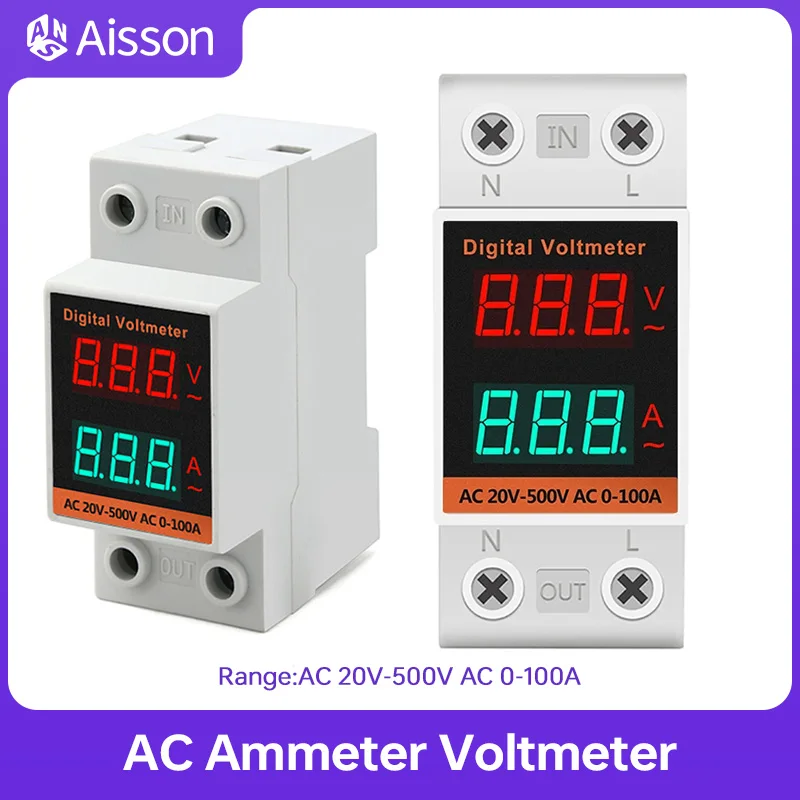 YHC45-2042VA Din Rail LCD Dual Digital AC Voltmeter Ammeter AC220V 380V Electricity Meter AC60-500V AC0.00-99.9A Amp Monitor