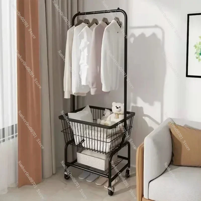 Simple Coat Rack Floor Bedroom Shelves Household Storage Basket Removable Clothes Rack Thickened Cart Storage Racks