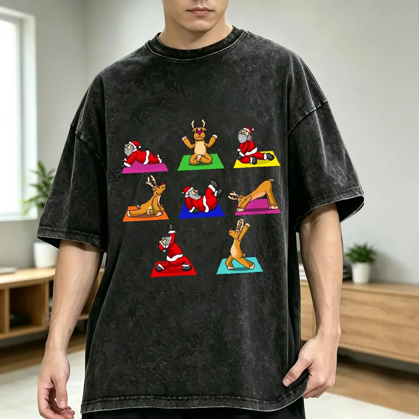 washed T Shirt NEW Reindeer Santa Claus Yoga Outfit Ladies Meditation Christmas S 3XL long or short sleeves vintage Washed