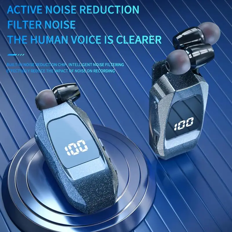 Retractable Wireless Headset Headphone Stereo Earphone V5.0 Noise Cancelling Mic Clip on Earpiece Comfortable HandsFree Headset