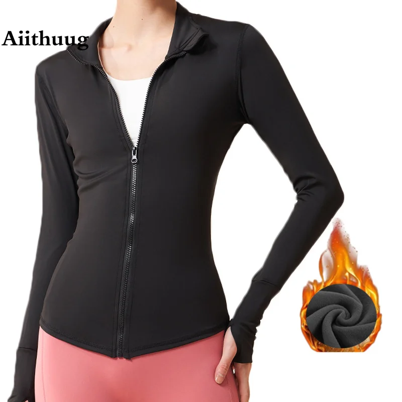 Aiithuug Winter Fitness Jacket Fleece Brushed Velvet Inner with Thumb Hole Gym Long Sleeve Shirt Elastic Stand Collar Jackets