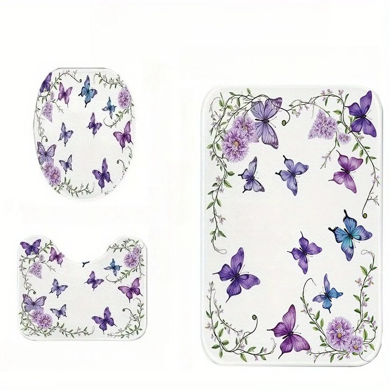 

3 шт., полиэфирная ткань с фиолетовым бабочкой и цветочным узором, можно стирать в машине, коврик в форме США, нескользящий чехол на сиденье для унитаза, украшение для ванной комнаты