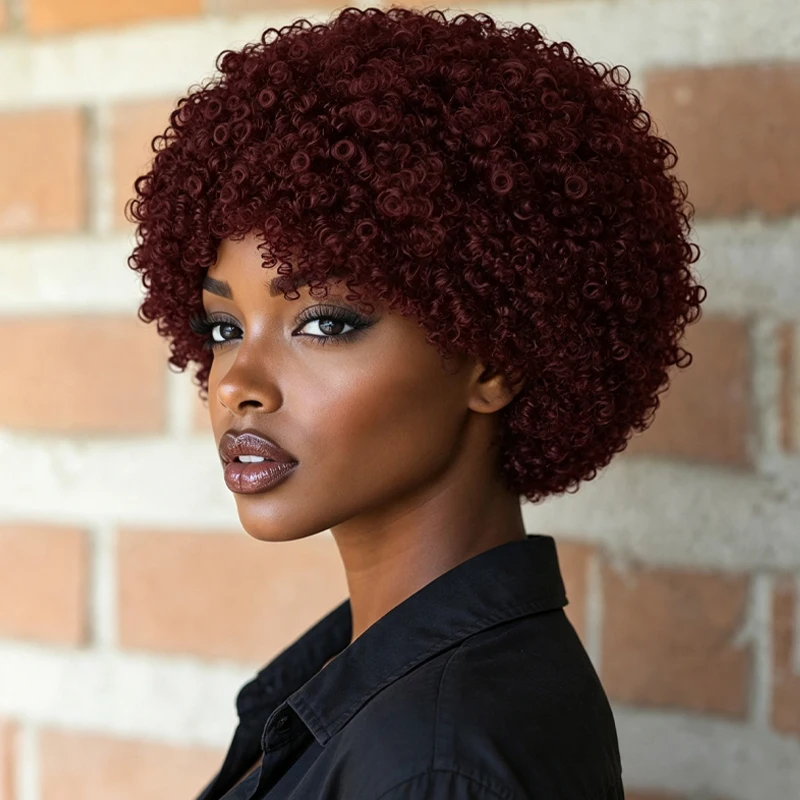 8-inch burgundy synthetic wig with small curls, perfect for music festival cosplay parties.