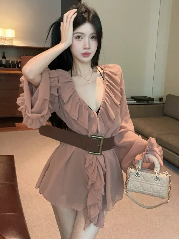 

Sexy Deep V-neck Long Sleeve Shirt Women's Autumn New Style Slimming Waist Tie Top Korean Style Commute Fashion plus Size