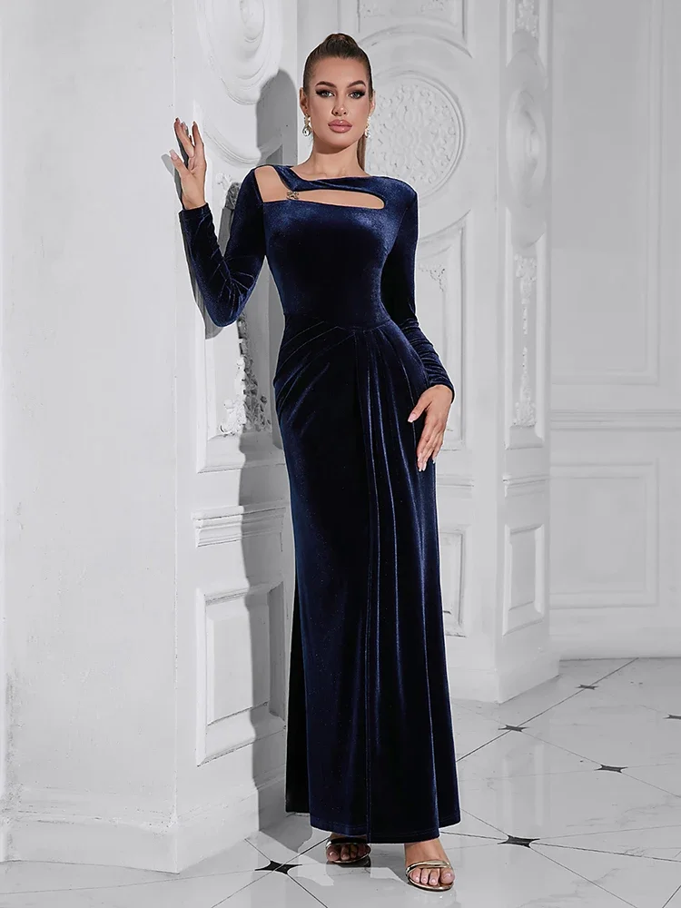 

Sexy Asymmetrical Long Sleeves Women Velvet Maxi Dress Blue Sequined Hollow Out Split Bodycon Celebrity Evening Party Prom Gowns