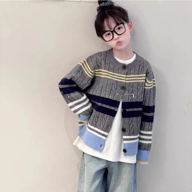 

Kid Sweater Ages 4-14Y Baby Girl Casual Fashion Spring&Autumn Striped Cardigan Tween Vintage Outfit Child Korean Style Knitted