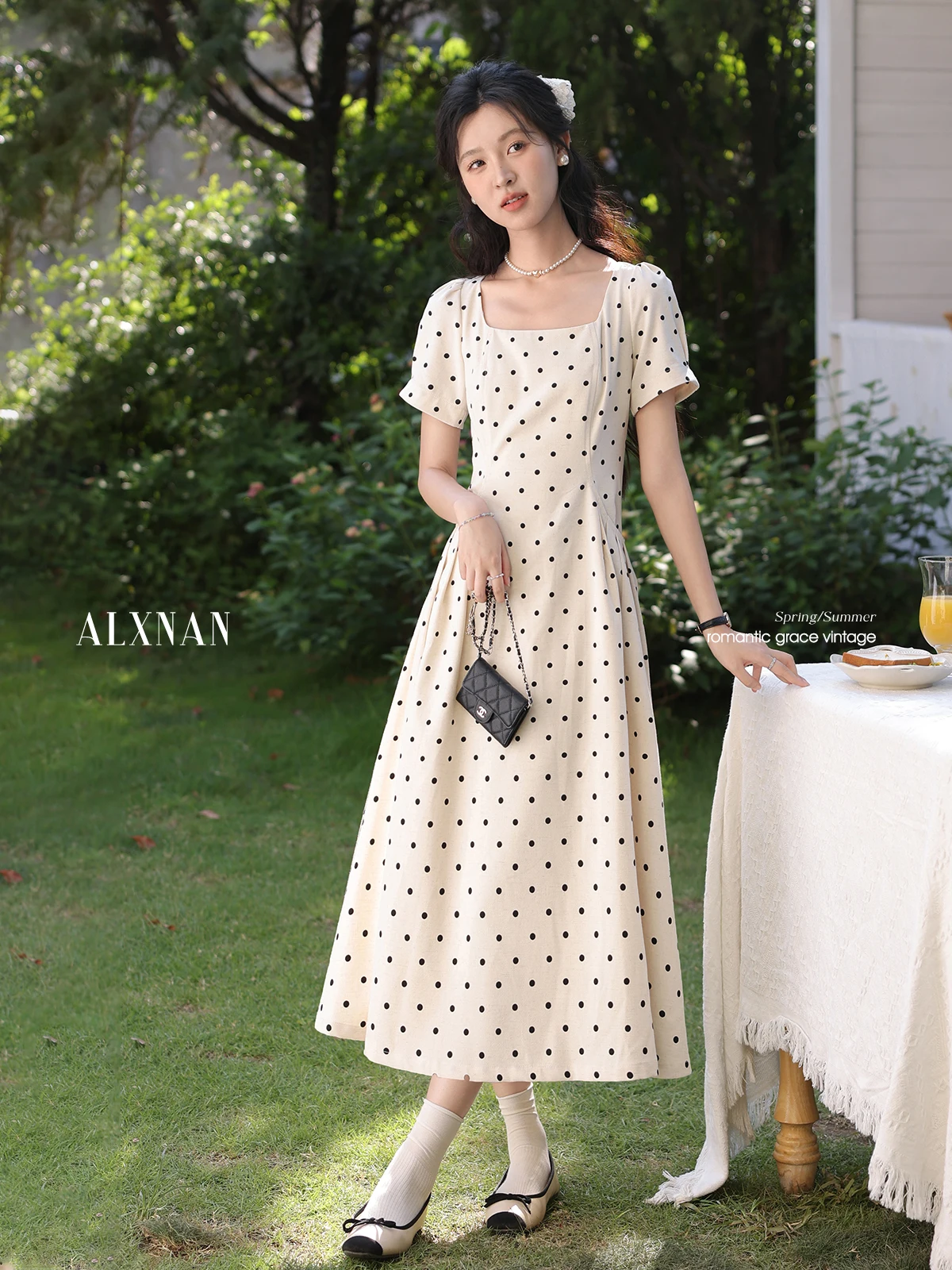 

ALXNAN Women's Long Polka Dot Dress Elegant A-Line Short Sleeve Dress 2025 Summer Casual Holiday Midi Ladies Clothing L53712-2