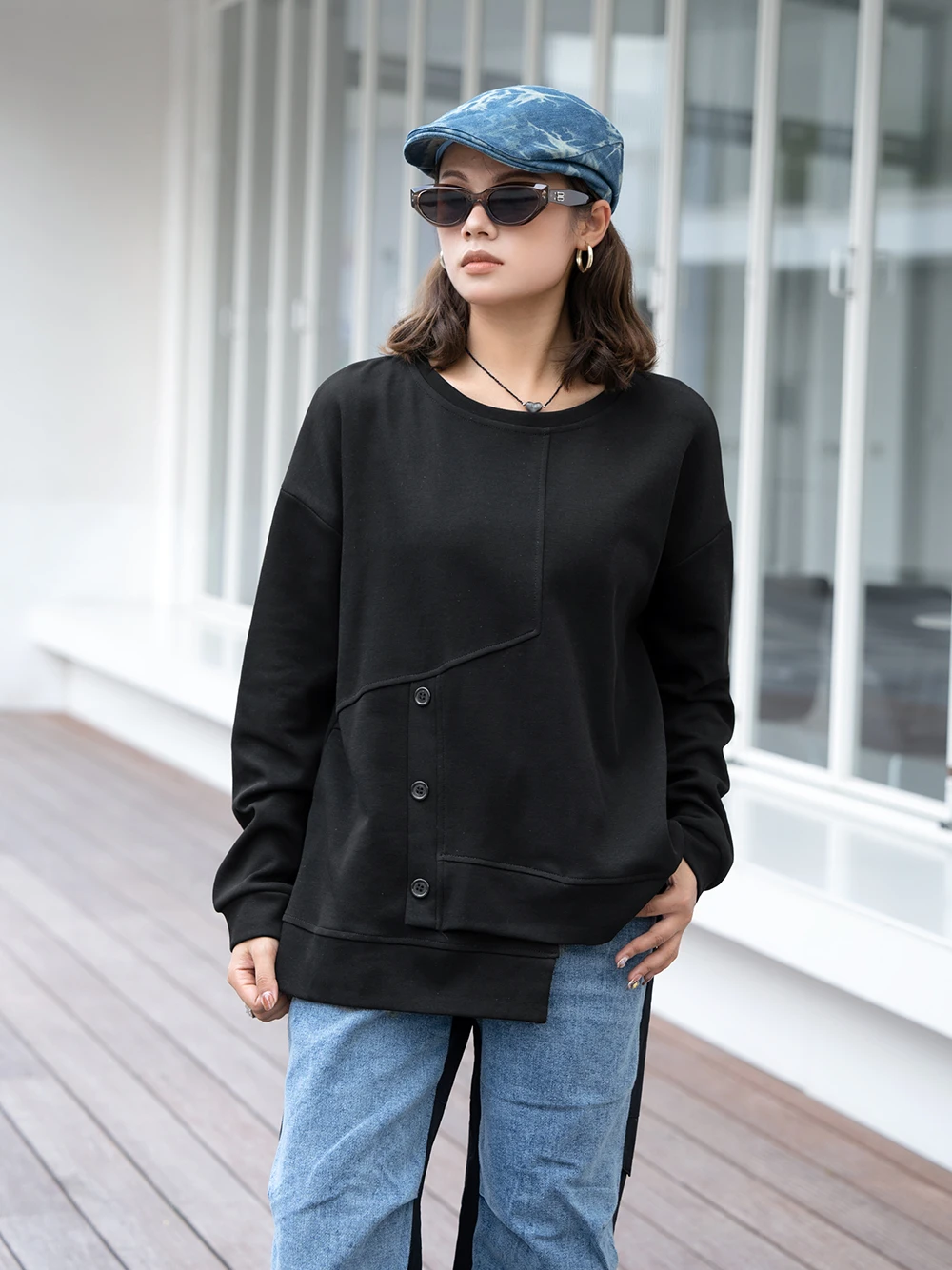 

240813 Patchwork Casual Solid Color Sweatershirt Button O-neck Autumn New Fashion Simple Loose Fashion Tide