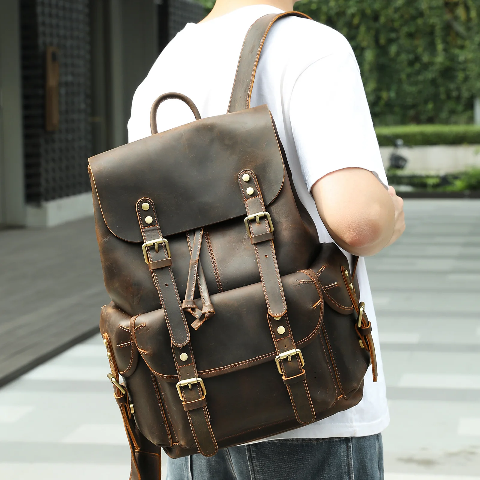 Retro Leder Herren Rucksack Oberschicht Rindsleder Reiserucksack Große Kapazität Schultasche Crazy Horse Leder Laptoptasche