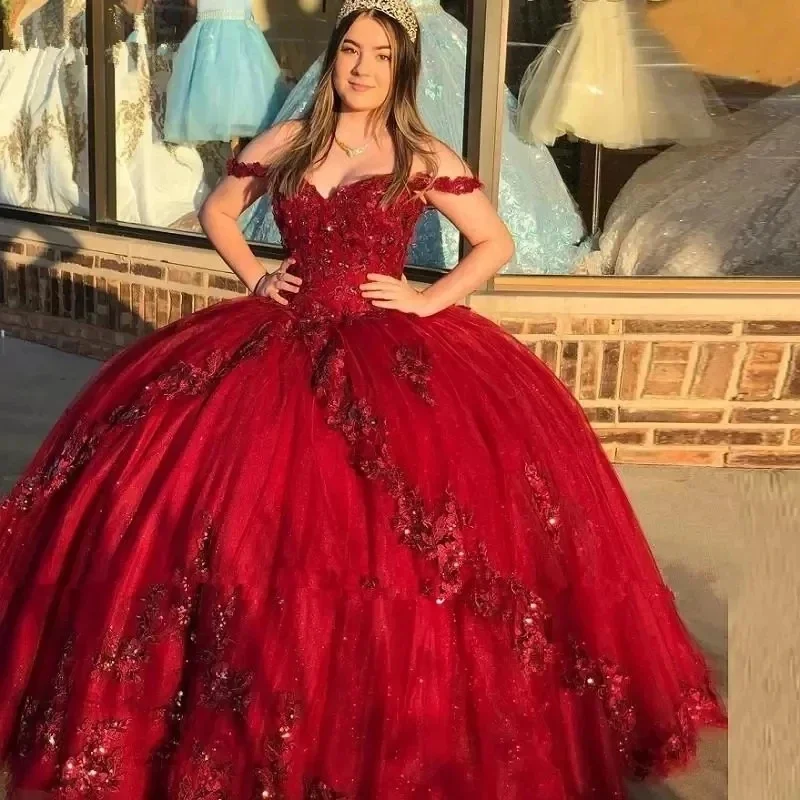 Burgundy Quinceanera Dresses 15 Party Sexy Off-Shoulder Applique Lace Formal Princess Sweet 16 Birthday Gowns