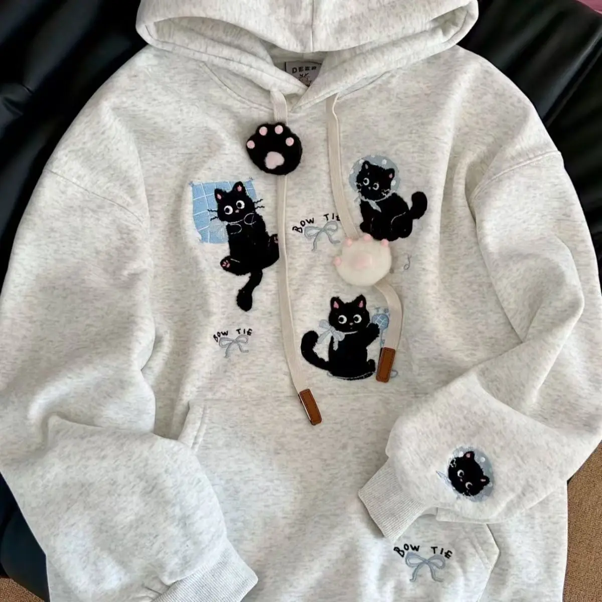 Stray Cat Embroidery Fun Cartoon Bow Hoodie Kawaii Sweatshirt Women Streetwear Y2k Korean Loose Oversized Pullovers Autumn Tops