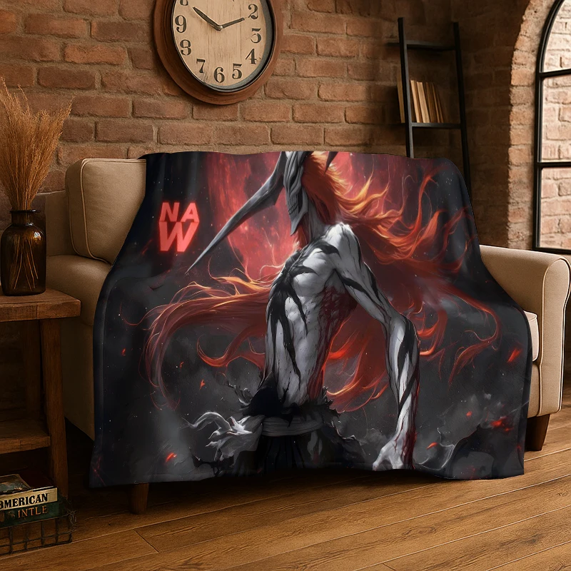 Retro Bleach Anime Kurosaki Ichigo Cartoon Flannel Blanket Soft Warm Throw Blanket for Bedroom Living Room Bed Travel Picnic