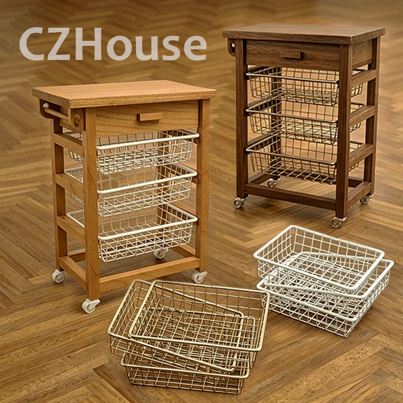 1:6 Miniature Wooden Furniture Set, Handmade Cherrywood Cabinet & Carved Side Table, Vintage Storage Cupboard w/ Basket for bjd