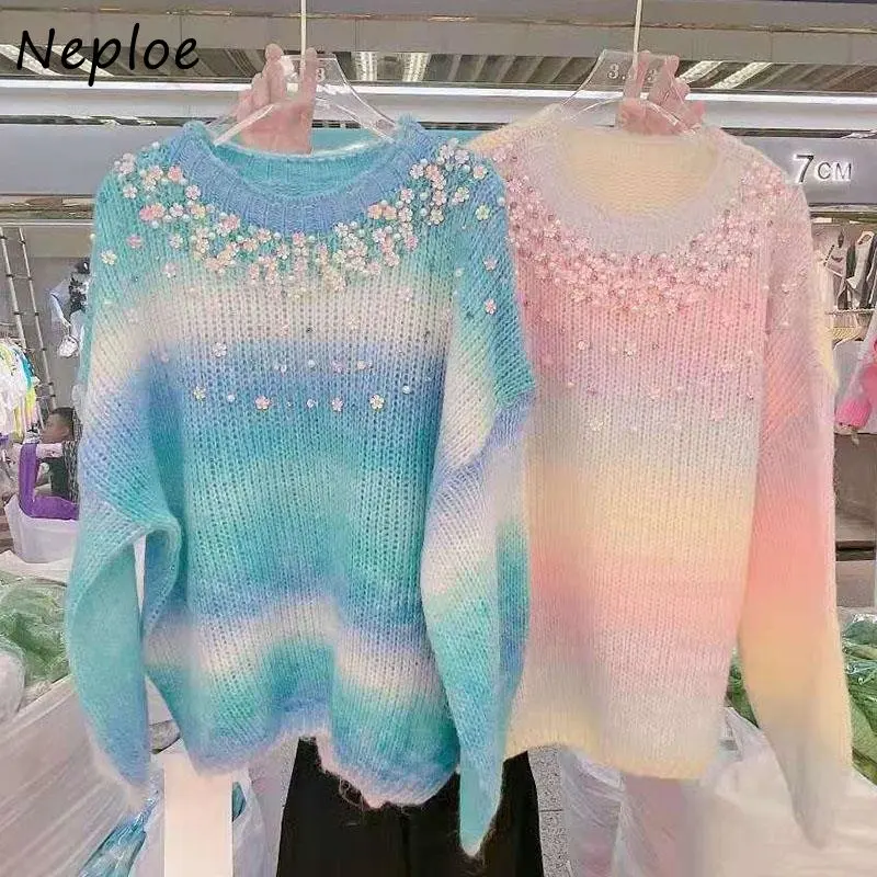 Neploe O Neck Beading Shiny Sweater Y2k Long Sleeve Stripe Gradient Pull Femme Autumn Winter Vintage Knitted Pullover Jumpers