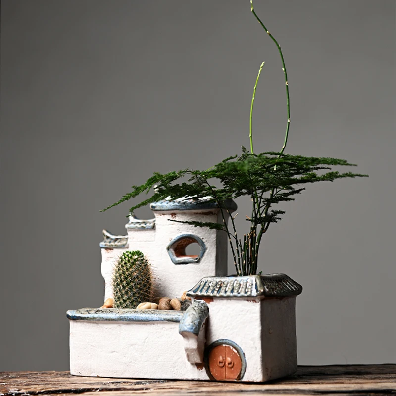 Chiński antyczny dom Retro budynek ceramiczna doniczka dekoracja ogród figurki Bonsai miniatury ozdoby do domu uwalnia statek