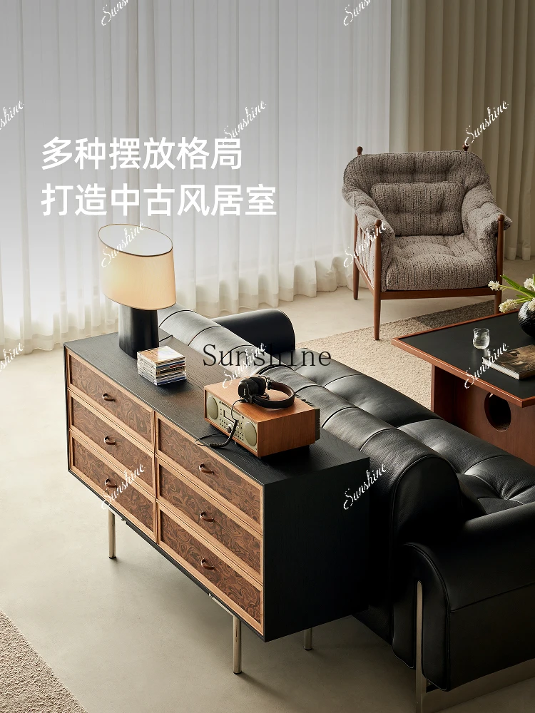 Solid wood retro dining side cabinet household living room storage black entrance cabinet  FT