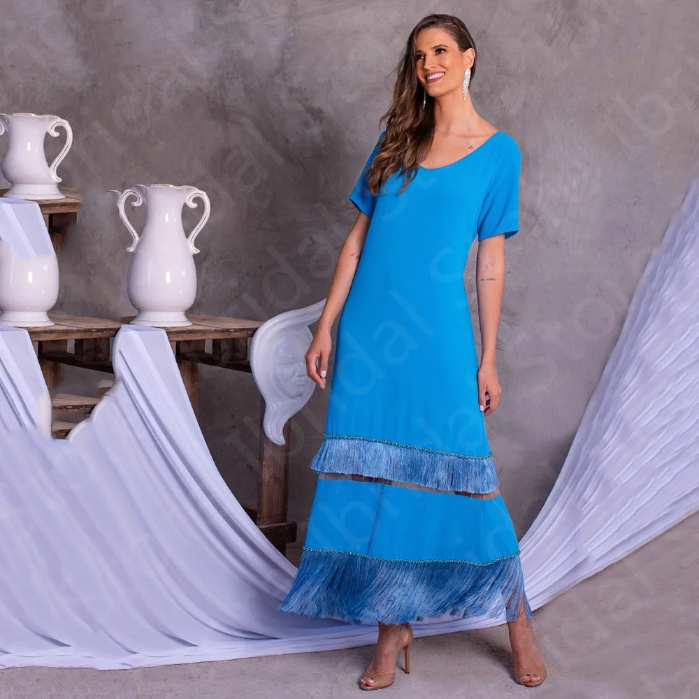 

Latest Classic Mother of the Bride Dresses Blue Arabic Mother Gowns Ankle Length Feather Wedding Party Dresses 2024 Short Sleeve