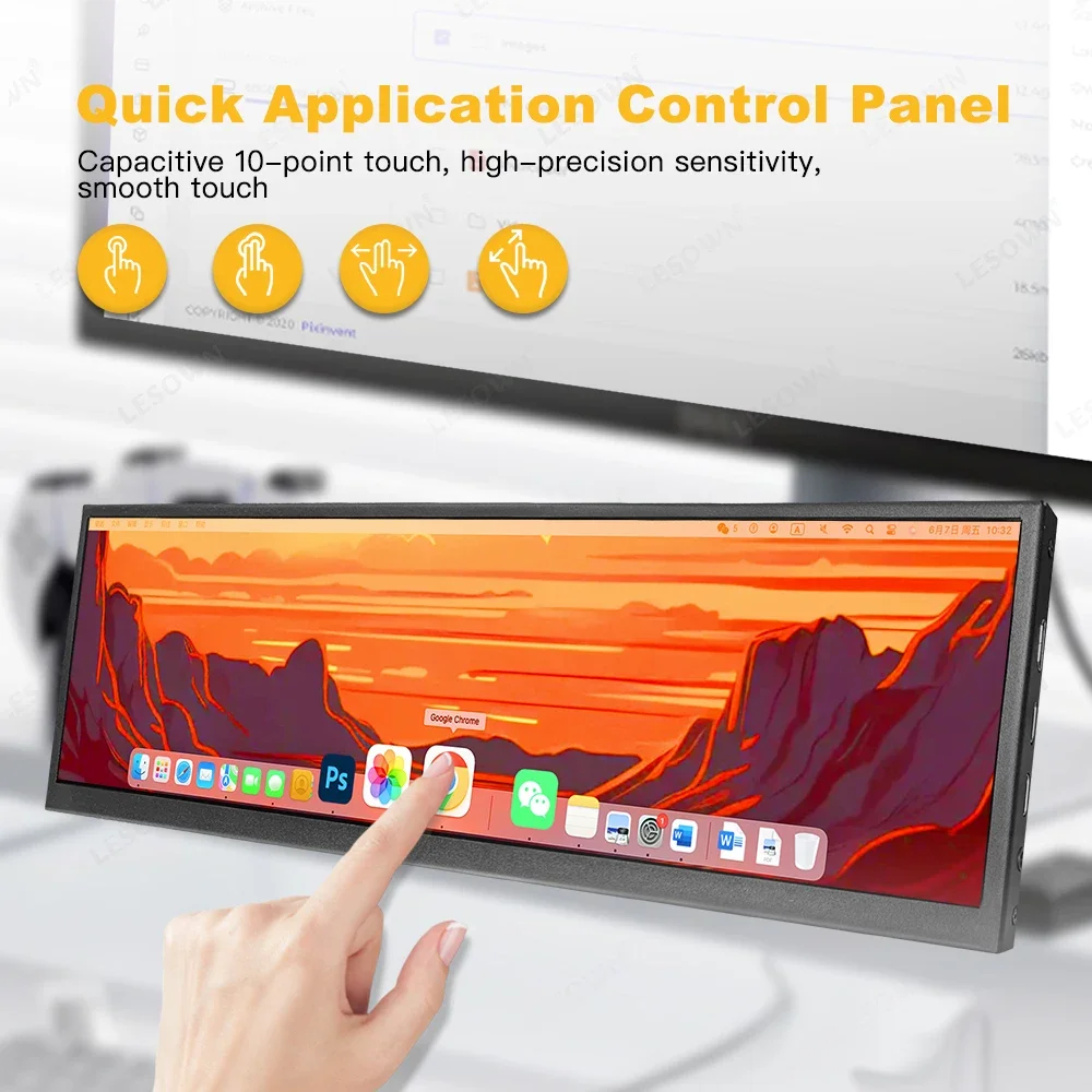 LESOWN 12.6 inch Secondary Screen 1920x515 IPS HDMI Touch Stretched Bar LCD Monitor for Laptop Computer Aida64 CPU GPU Display