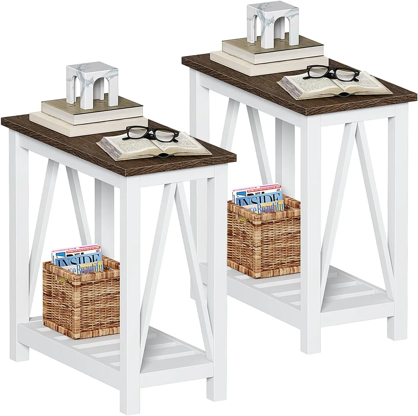 Farmhouse End Table Set Of 2, Rustic Vintage Narrow End Side Table With Storage Shelf For Small Spaces, Nightstand Sofa Table