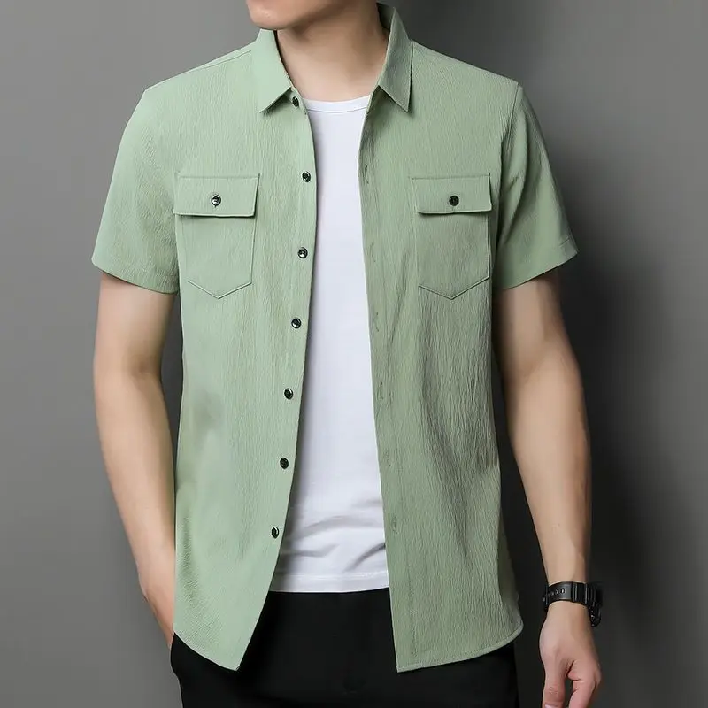 Safari Style Men Short Sleeve Shirt Summer New Fashion Male Clothes Korean Streetwear Casual Loose Solid Pocket Button Tops 2023