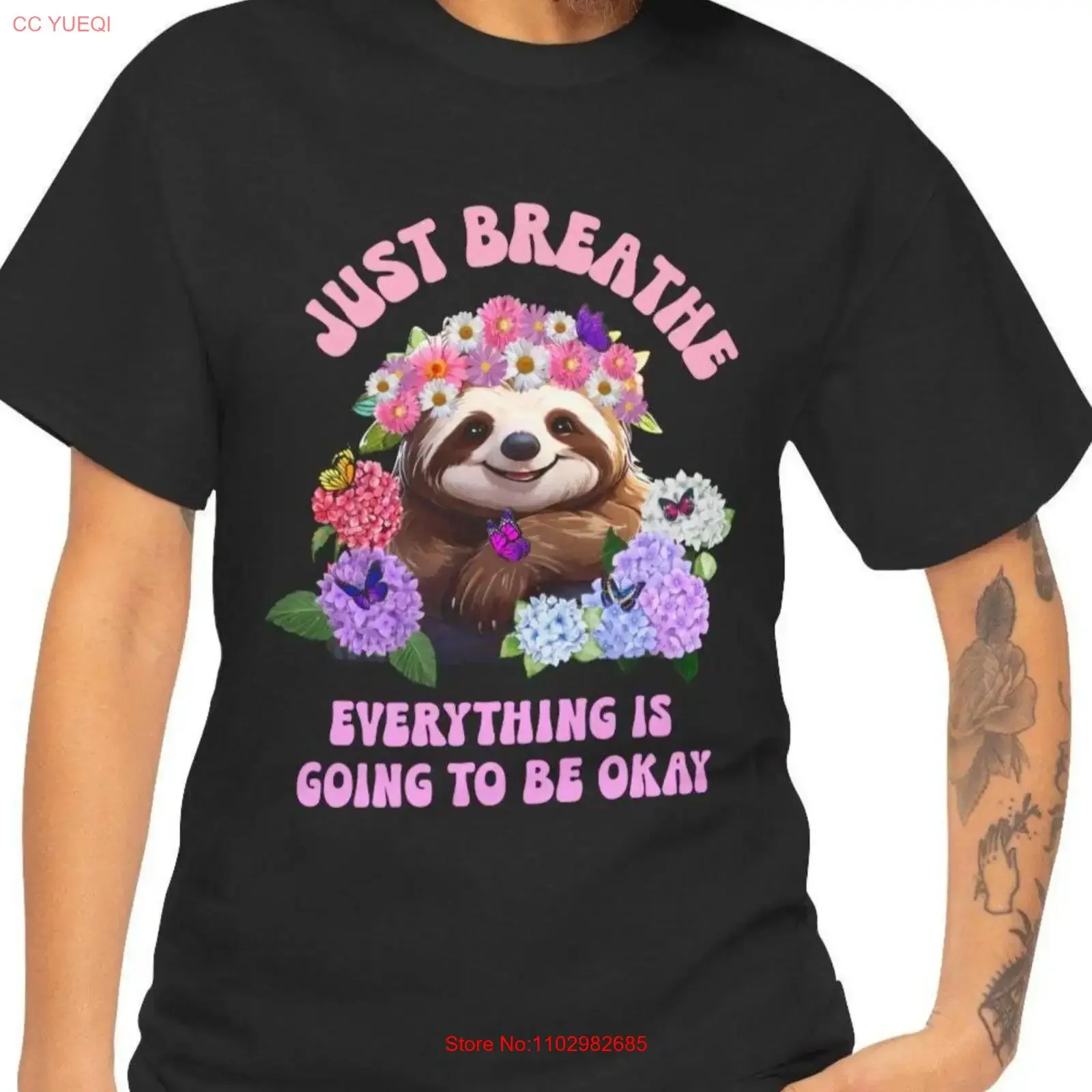 T-shirt Motivationnel Adorable avec un paresseux mignon : « Juste respirez, tout va bien». Vêtements inspirants pour la pleine conscience.