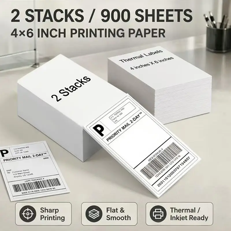 4"x6" Direct-thermal Label Paper, Folded Continuous Thermal Shipping Labels (4x6 Inches), White Mailing Labels. Compatible with Thermal Label Printers. Self-adhesive Labels (2 Reams/9, 00 Sheets)