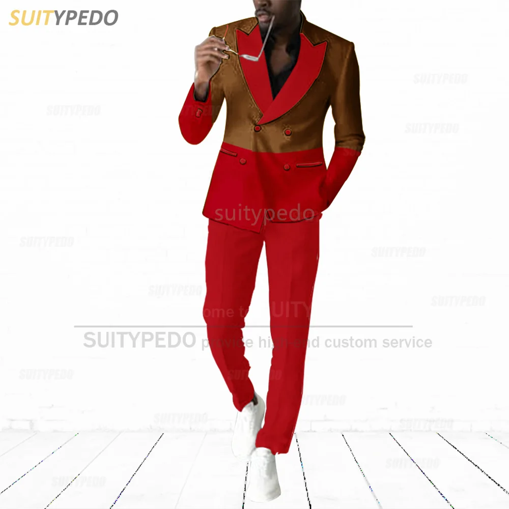 

Fashion Red Splicing Suit Sets For Men Evening Dinner Custom Elegant Outfits Piano Performance Formal Blazer Pants 2 Pieces