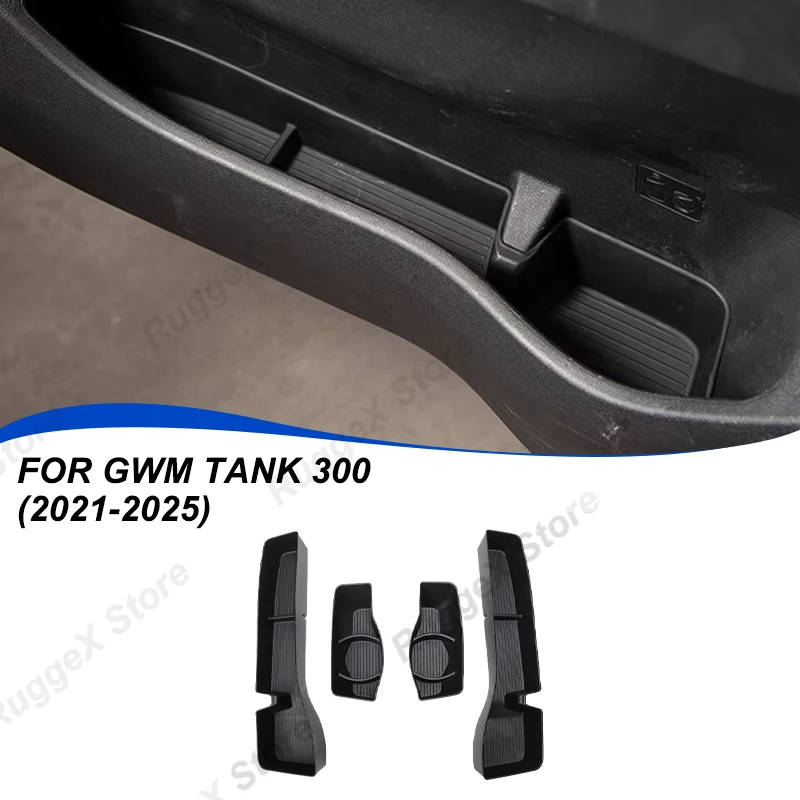 

For GWM Tank 300 2021-2025 Door Storage Box Black 4pc Door Slot Storage Box Cup Holder Auto Interior Car Accessories