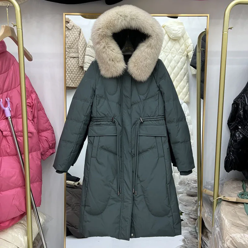 

Women White Duck Down Coat Winter Large Natural Fox Fur Collar Hooded Down Long Jacket Windbreak Sleeve Warm Outwear