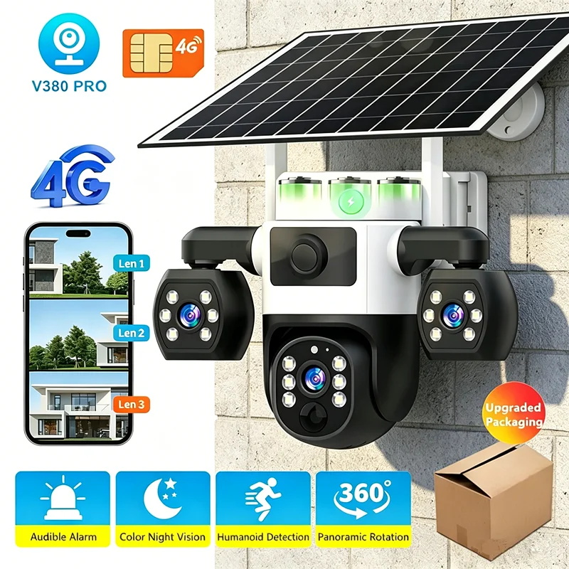 

4G SIM Solar Security Camera Outdoor Three Lens Three Screens PIR Human Detection PTZ Battery Powered Wireless CCTV IP Camera