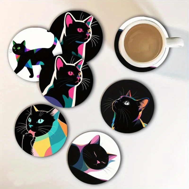 6pcs 2D 4in Black Cat Theme Wooden Cup Coasters Heat-resistant Slip-resistant Artistic Coffee Tea Cup Matss Home Kitchen Gifts