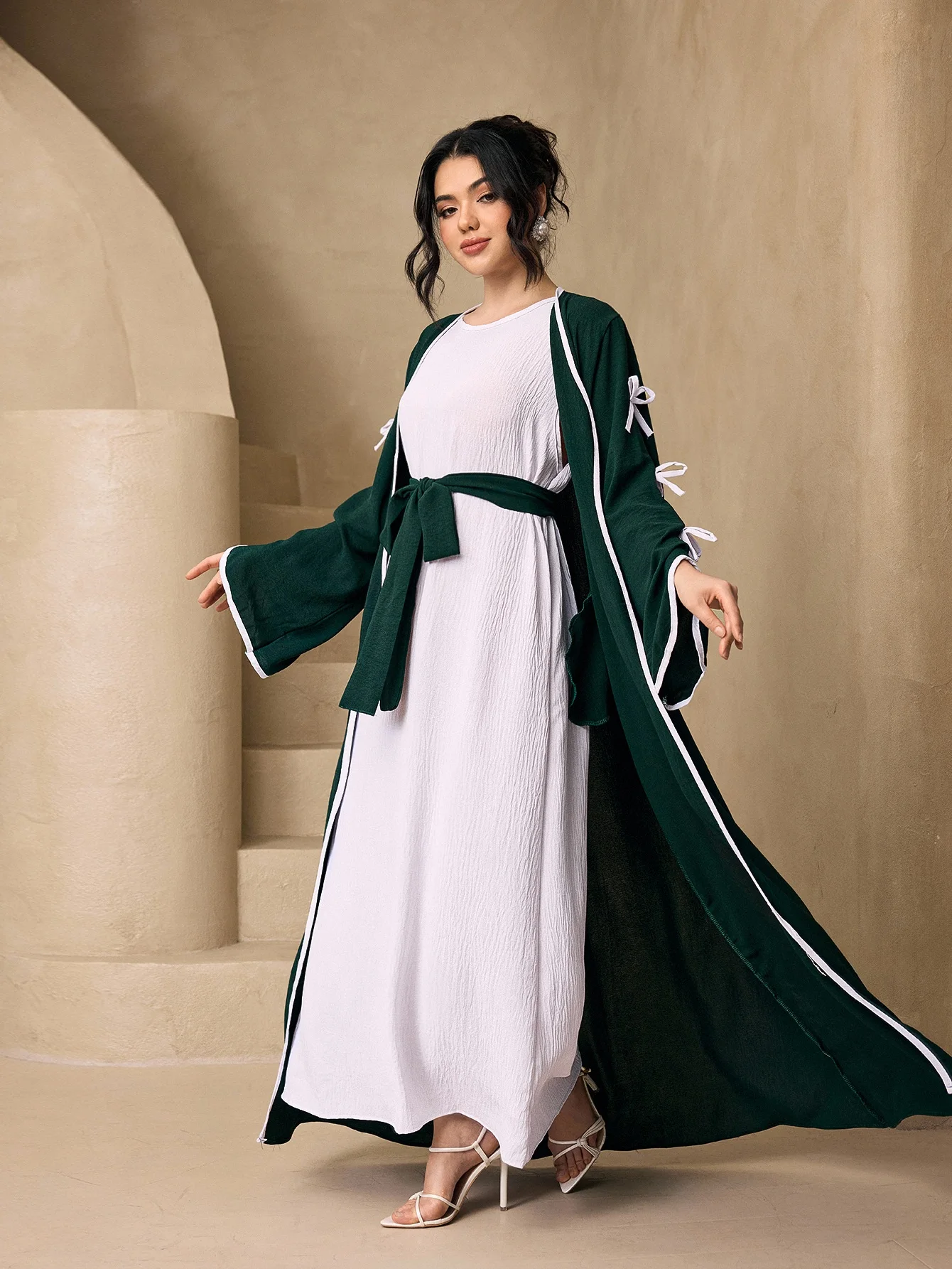 Bow Detail 3‑Piece Abaya Set, Open Crinkle Kimono Cardigan, Maxi Dress With Hijab Belt for Muslim Women