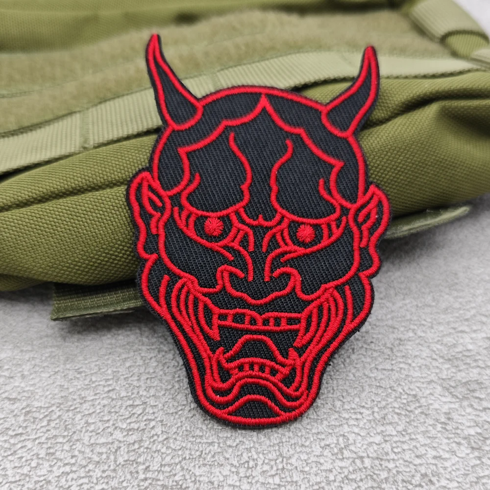 Japanese Hannya Oni Mask Embroidered Patch Hook And Loop, Tactical Morale Badge DIY For Backpack Jacket Vest Clothing Appliques