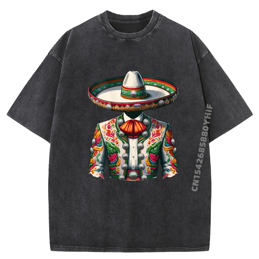 

Classic Short Sleeve Tops Simple Cotton Washed T Shirt Mens T-Shirt Vibrant Mexican Charro Suit Traditional Funny Graphic Tee