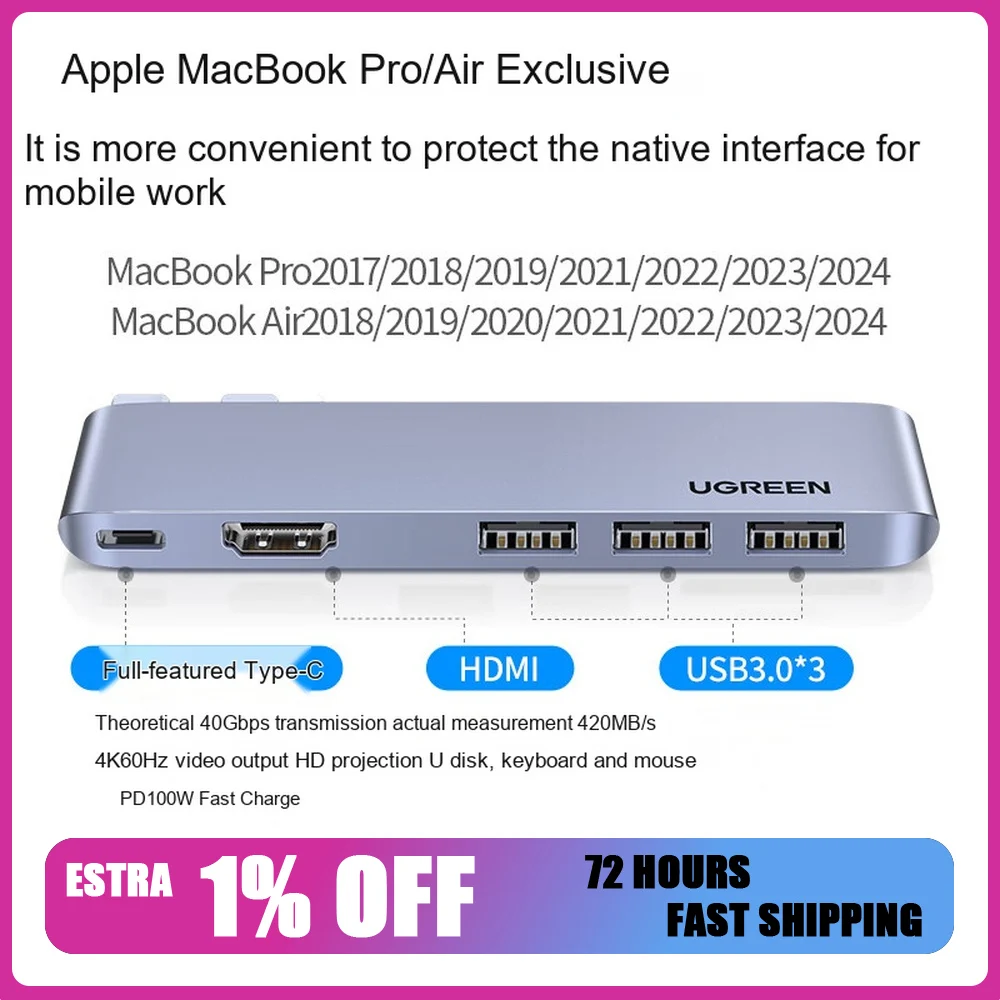 UGREEN 60559 USB C Hub 5 in 1 with 4K HDMI 3 USB 3.0 PD 100W Type C Docking Station for MacBook Pro Air Laptop