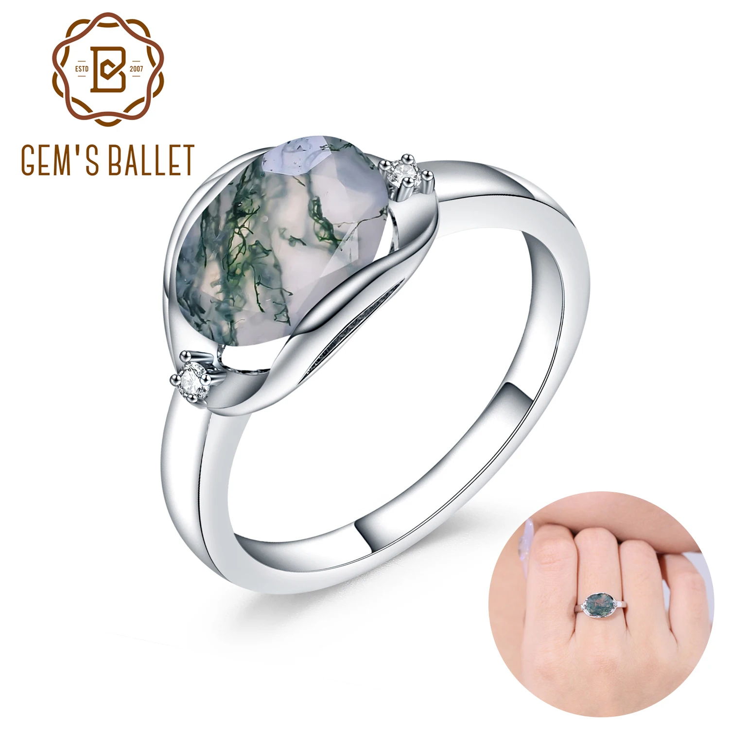 

GEM'S BALLET “Water Grass Series” Oval 2.91Ct Natural Moss Agate Gemstone Ring in 925 Sterling Silver Birthstone Dainty Ring