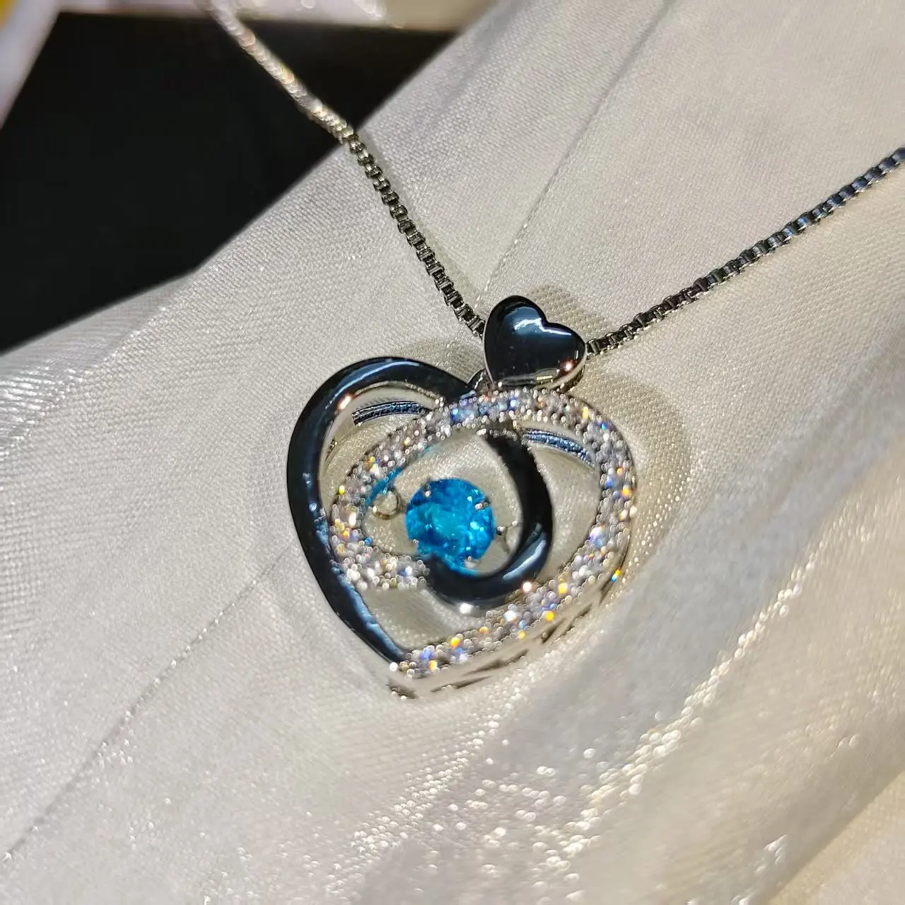 925 Sterling Silver Love Necklace with Blue Crystal Zircon Necklace Bracelet Set Ladies Birthday Jewelry